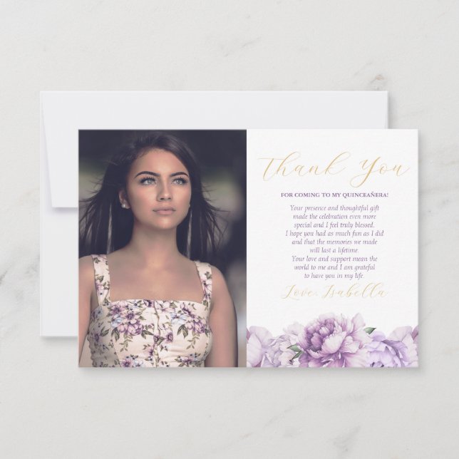 Purple & Gold Elegant Floral Photo Quinceañera Thank You Card (Front)
