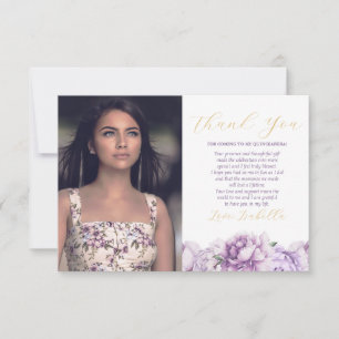Purple & Gold Elegant Floral Photo Quinceañera Thank You Card