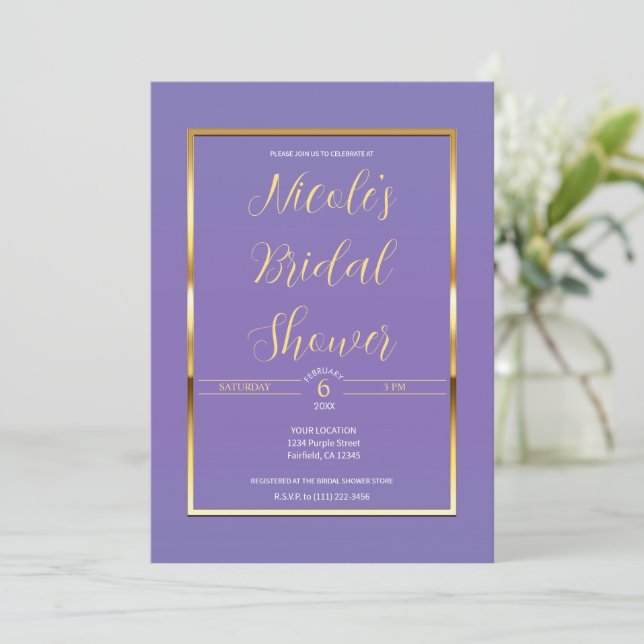 Purple & Gold Elegant Modern Glam Bridal Shower Invitation (Standing Front)