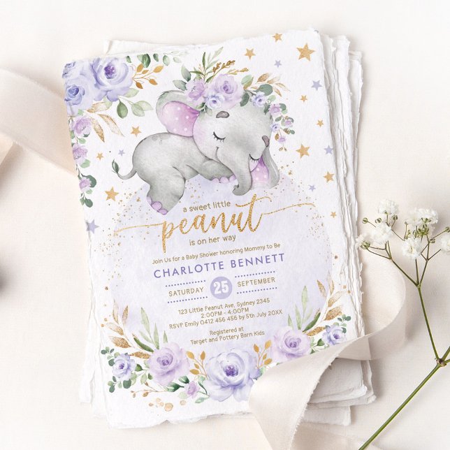 Purple Gold Elephant Floral Moon Stars Baby Shower Invitation (Creator Uploaded)