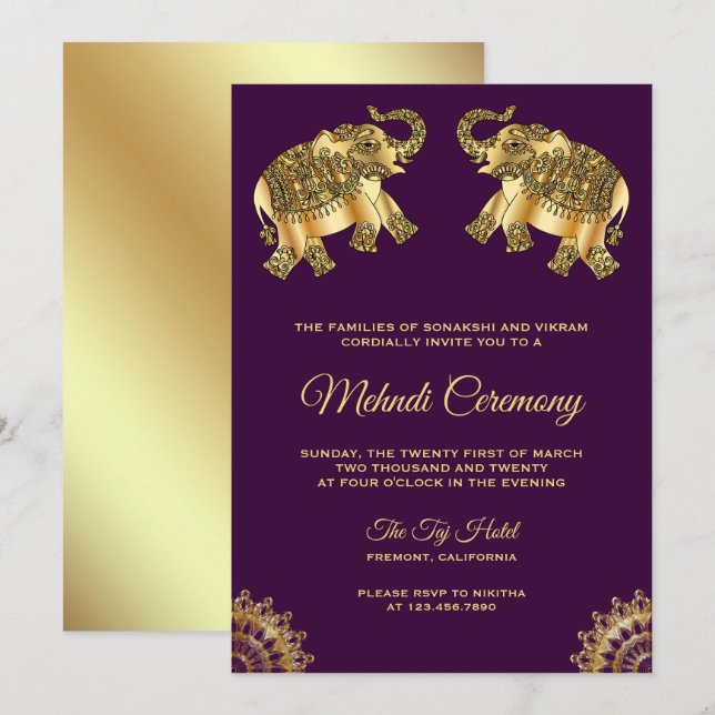 Purple Gold Elephants Indian Henna Mehndi Ceremony Invitation (Front/Back)