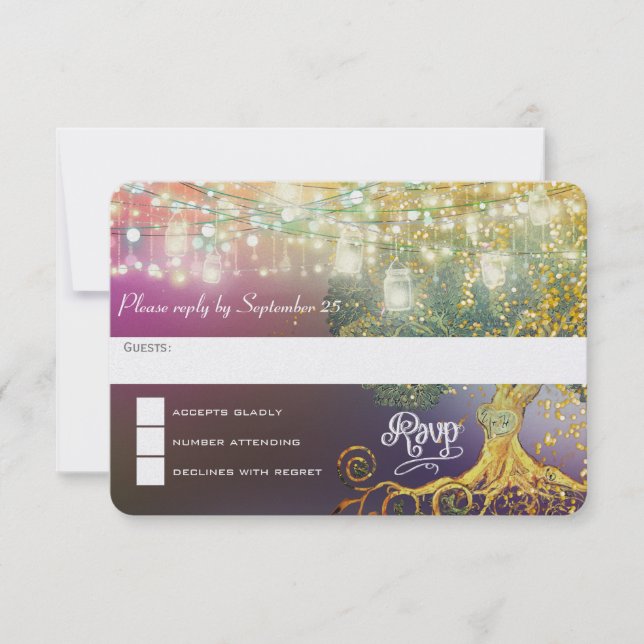 Purple Gold Enchanted Forest Oak Tree Fairytale RSVP Card (Front)