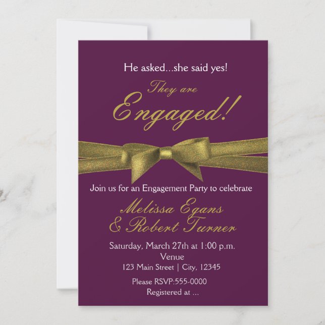 Purple & Gold Engagement Bow Party Invitation (Front)
