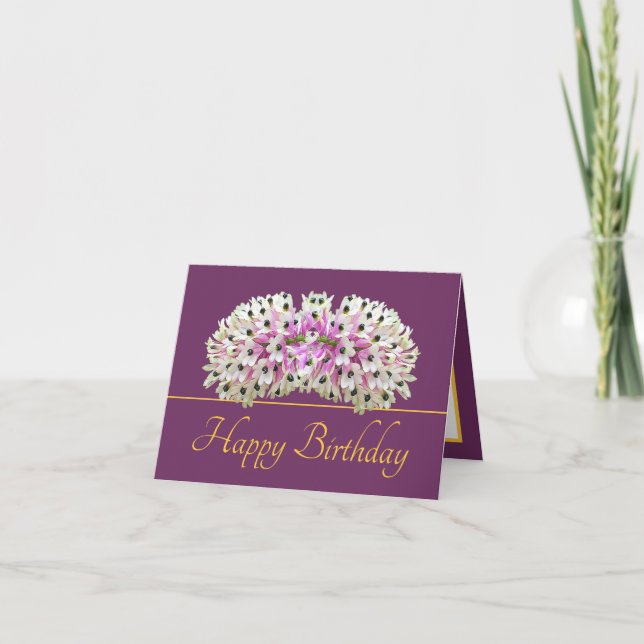 Purple Gold Exotic White Orchid Bouquet Birthday Card (Front)