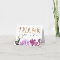 Purple gold faux floral watercolors thank you card