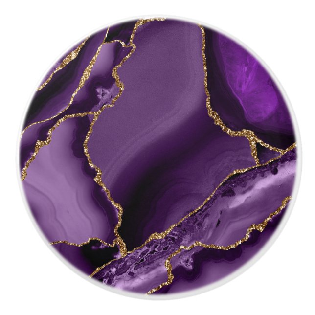 Purple Gold Faux Glitter Agate Geode Ceramic Knob (Front)