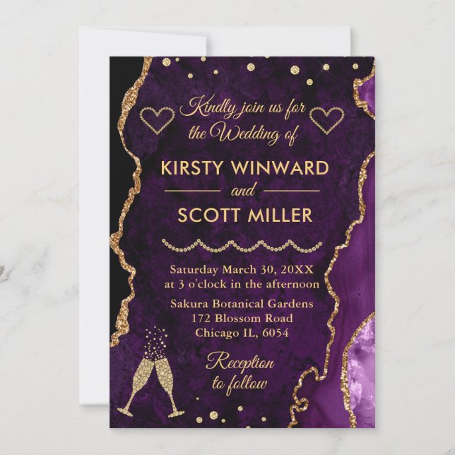 Purple & Gold Faux Glitter Agate Marble Wedding  Invitation (Front)