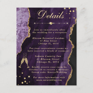 Purple & Gold Faux Glitter Agate Wedding Details Enclosure Card