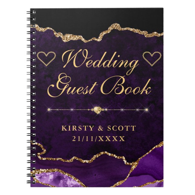 Purple Gold Faux Glitter Agate Wedding Guest Book (Front)