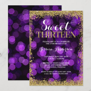 Purple Gold Faux Glitter Lights Sweet 13 Birthday Invitation