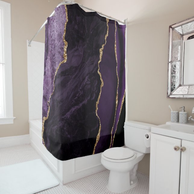 Purple & Gold Faux Glitter Marble Agate Shower Curtain (In Situ)