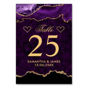Purple & Gold Faux Glitter Marble Agate Wedding Table Number