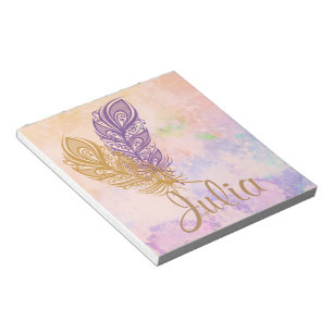 Purple & Gold Feathers Peach Watercolor Fantasy Notepad