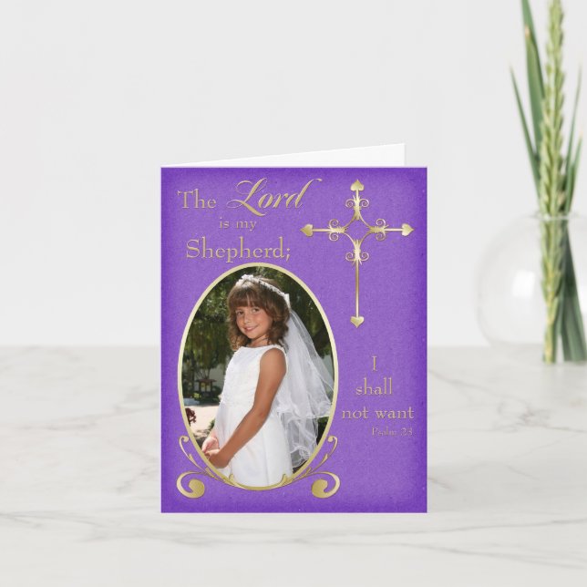 Purple Gold First Communion Photo Thank You Card (Front)