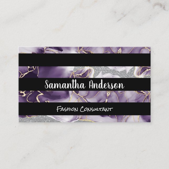 Purple Gold Flakes | Glitter Sequin | Striped Business Card (Front)