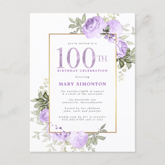 Purple Gold Floral 100th Birthday Party Invitation | Zazzle.co.uk