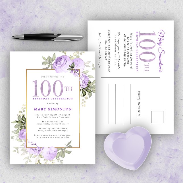 Purple Gold Floral 100th Birthday Party Invitation Postcard (Creator Uploaded)