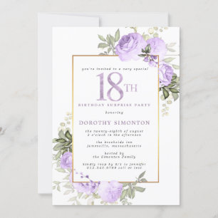 Purple Gold Floral 18th Birthday Surprise Party Invitation