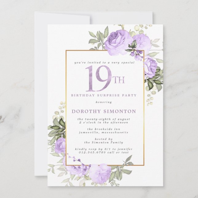 Purple Gold Floral 19th Birthday Surprise Party Invitation (Front)
