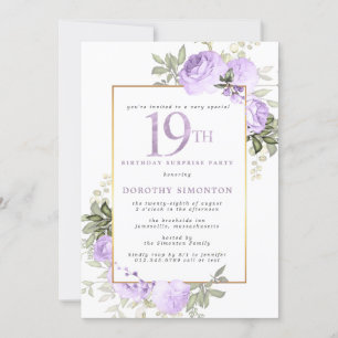 Purple Gold Floral 19th Birthday Surprise Party Invitation