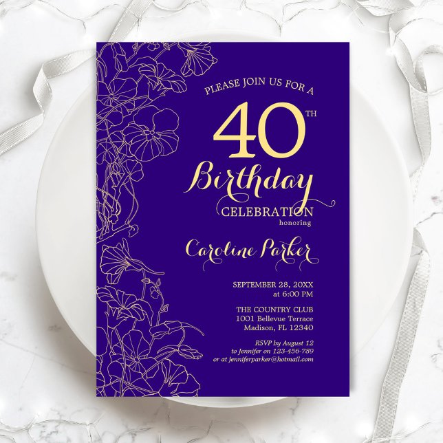 Purple Gold Floral 40th Birthday Party Invitation (Creator Uploaded)