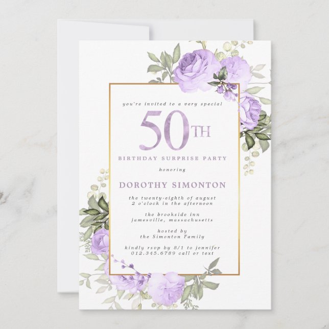 Purple Gold Floral 50th Birthday Surprise Party Invitation (Front)
