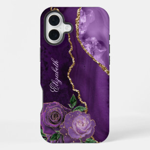 Purple Gold Floral Agate Monogram iPhone 16 Plus Case