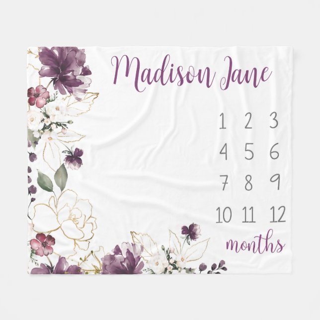 Purple Gold Floral Baby Milestone Blanket Girl (Front (Horizontal))