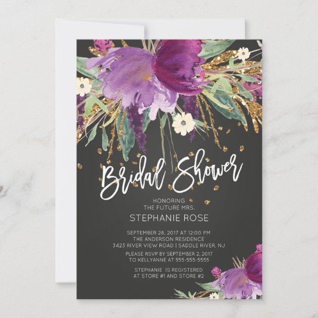 Purple & Gold Floral Bridal Shower Invitation (Front)