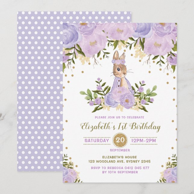 Purple Gold Floral Bunny Birthday Invite Woodland (Front/Back)