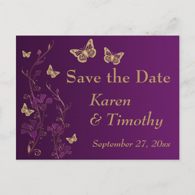 Purple, Gold Floral, Butterflies Save the Date Announcement Postcard (Front)