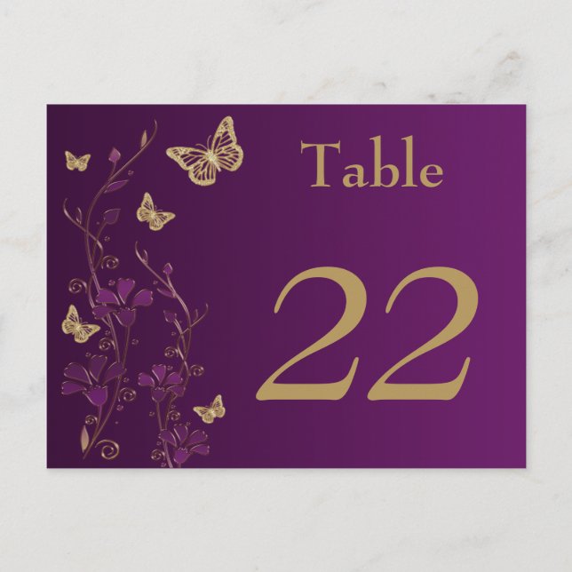 Purple, Gold Floral Butterflies Table Number Card (Front)