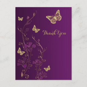 Purple, Gold Floral, Butterflies Thank You Note Card