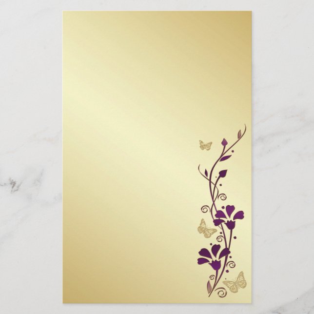 Purple, Gold Floral Butterflies Wedding Stationery (Front)