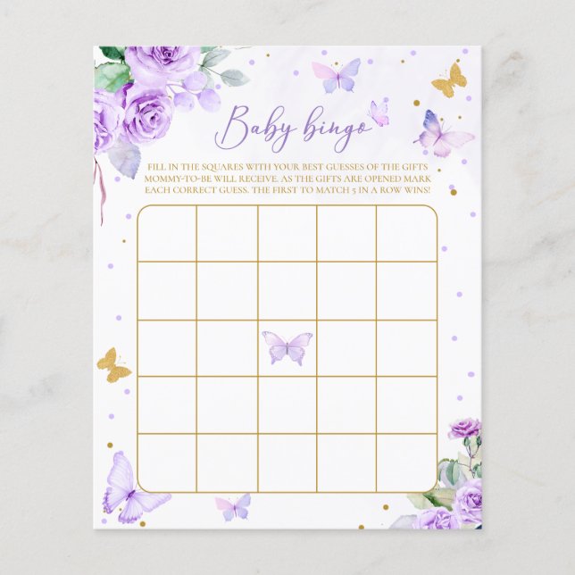 Purple Gold Floral Butterfly Baby Bingo Game (Front)