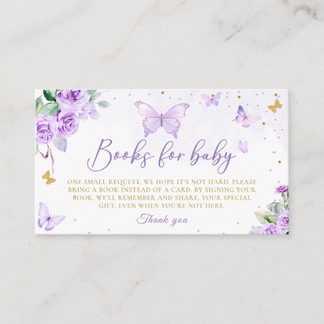 Purple Gold Floral Butterfly Books For Baby Ticket Enclosure Card (Front)