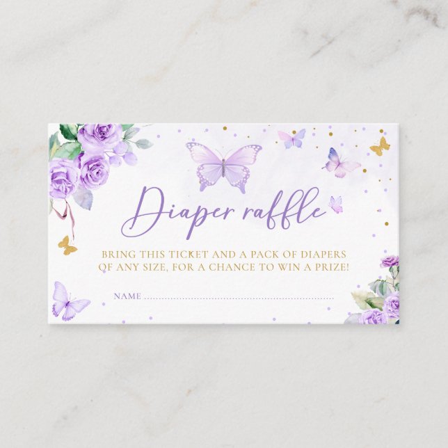 Purple Gold Floral Butterfly Diaper Raffle Ticket Enclosure Card (Front)