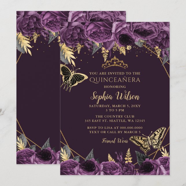 Purple Gold Floral Butterfly Quinceañera Invitation (Front/Back)