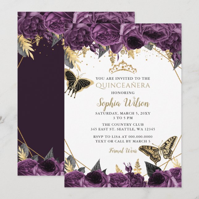 Purple Gold Floral Butterfly Quinceañera Invitation (Front/Back)