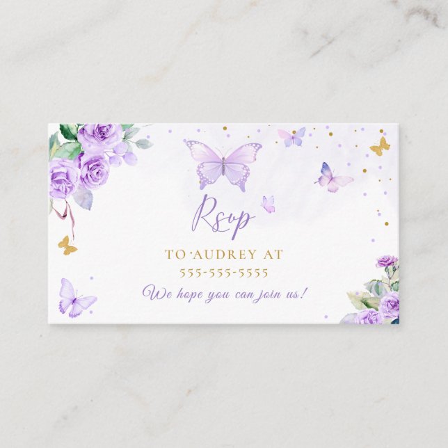 Purple Gold Floral Butterfly RSVP Enclosure Card (Front)
