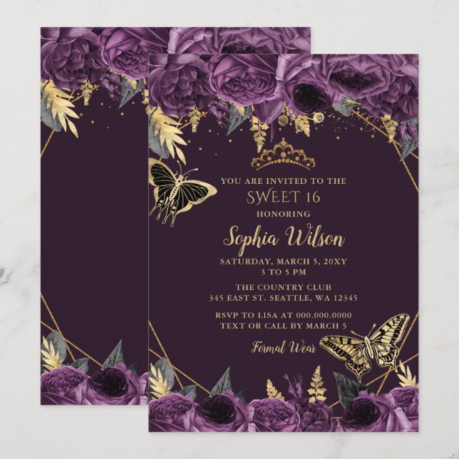 Purple Gold Floral Butterfly Sweet 16 Invitation (Front/Back)