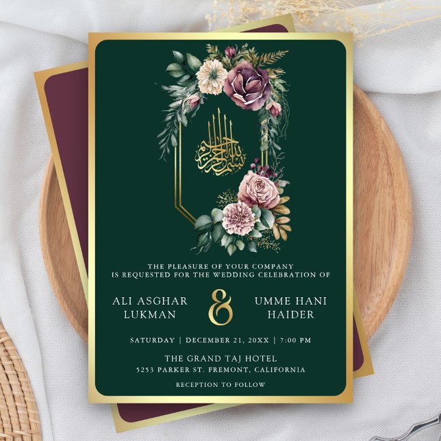 Purple Gold Floral Crest Emerald Muslim Wedding Invitation (Creator Uploaded)