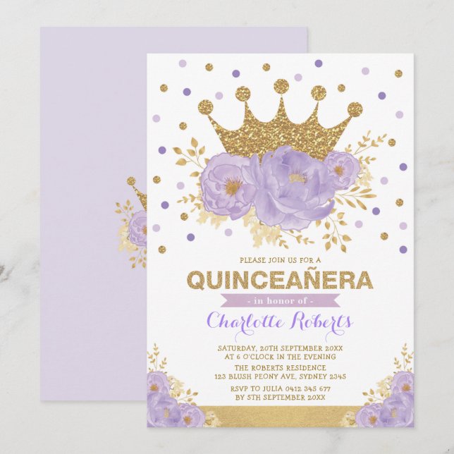 Purple Gold Floral Crown Confetti Quinceañera Invitation (Front/Back)