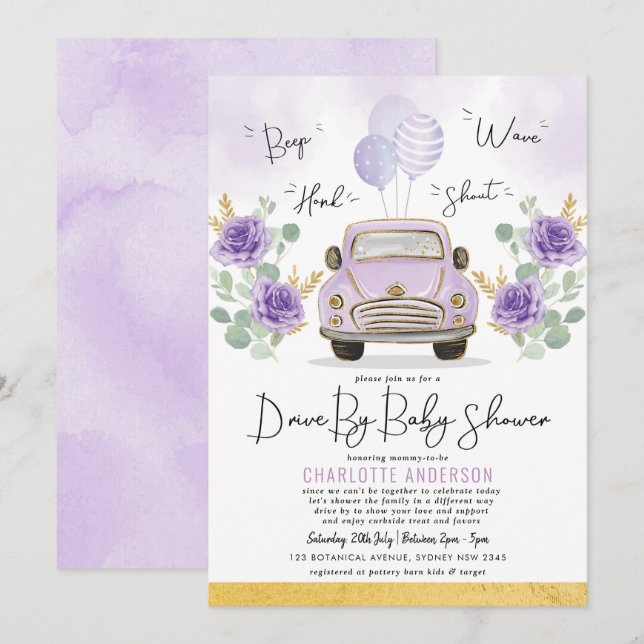 Purple Gold Floral Drive By Baby Shower Parade Invitation (Front/Back)