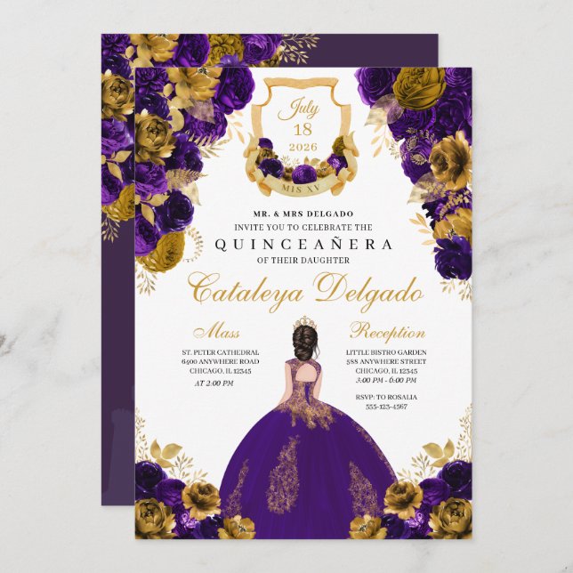 Purple & Gold Floral Elegant Quinceañera Invitation (Front/Back)