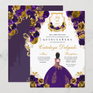 Purple & Gold Floral Elegant Quinceañera Invitation