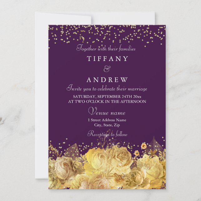 Purple & Gold Floral Elegant Wedding Invite (Front)