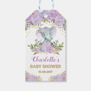 Purple Gold Floral Elephant Baby Shower Favours Gift Tags