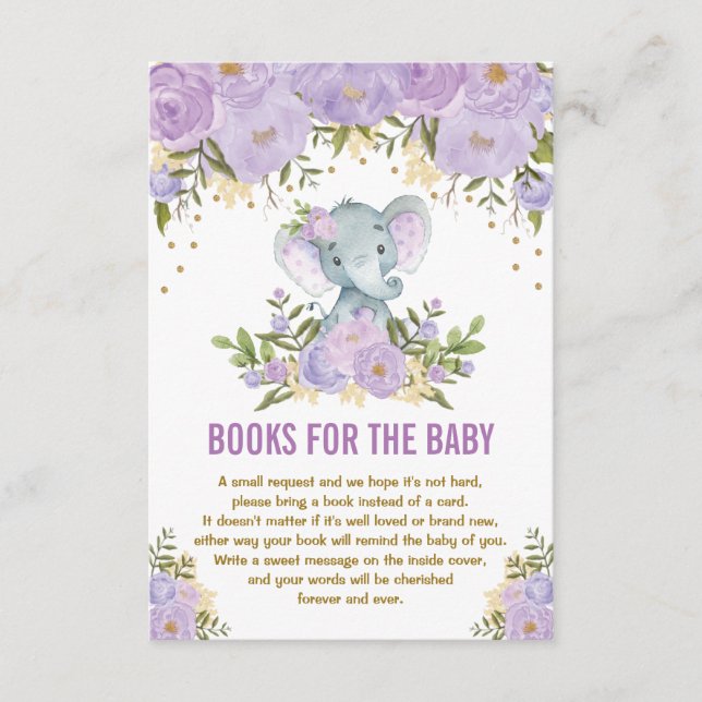 Purple Gold Floral Elephant Books for Baby Enclosure Card (Front)