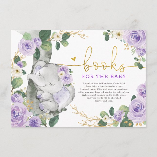 Purple Gold Floral Elephant Books for Baby Girl Enclosure Card (Front)